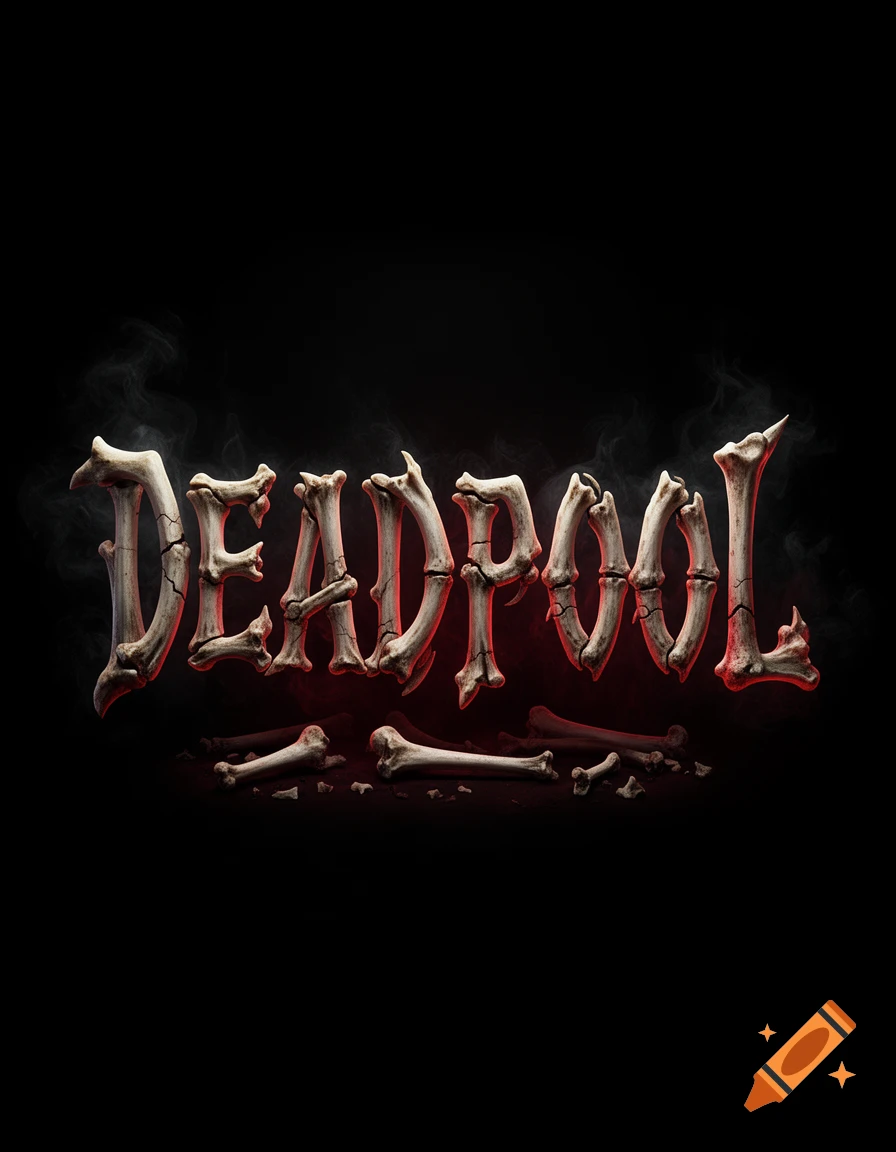 3D text spelling DEADPOOL made out of bones against a dark background with smoke and red lighting.