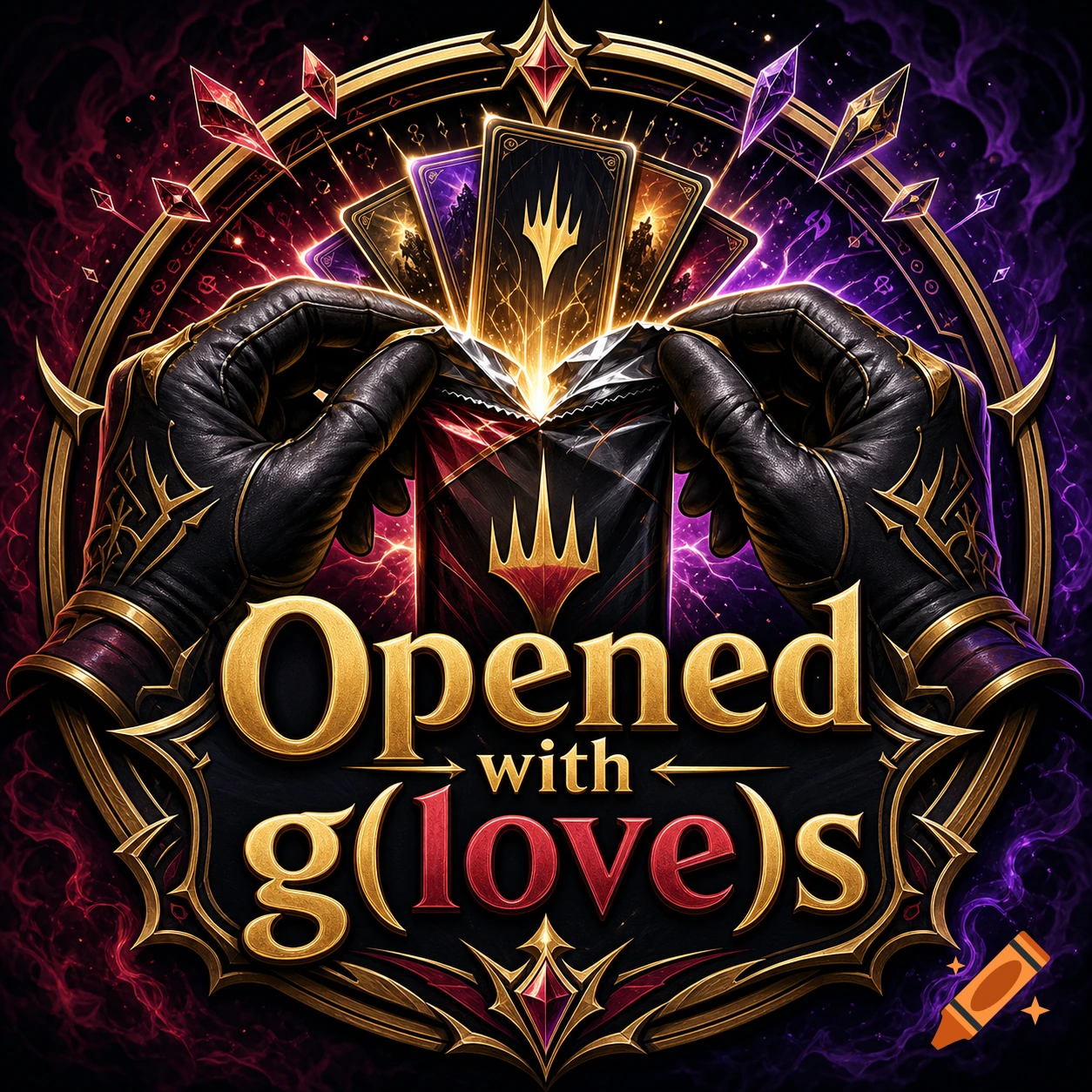 YouTube channel logo featuring hands in leather gloves opening a card pack with glowing cards, surrounded by a golden circular frame and the text Opened with gloves.