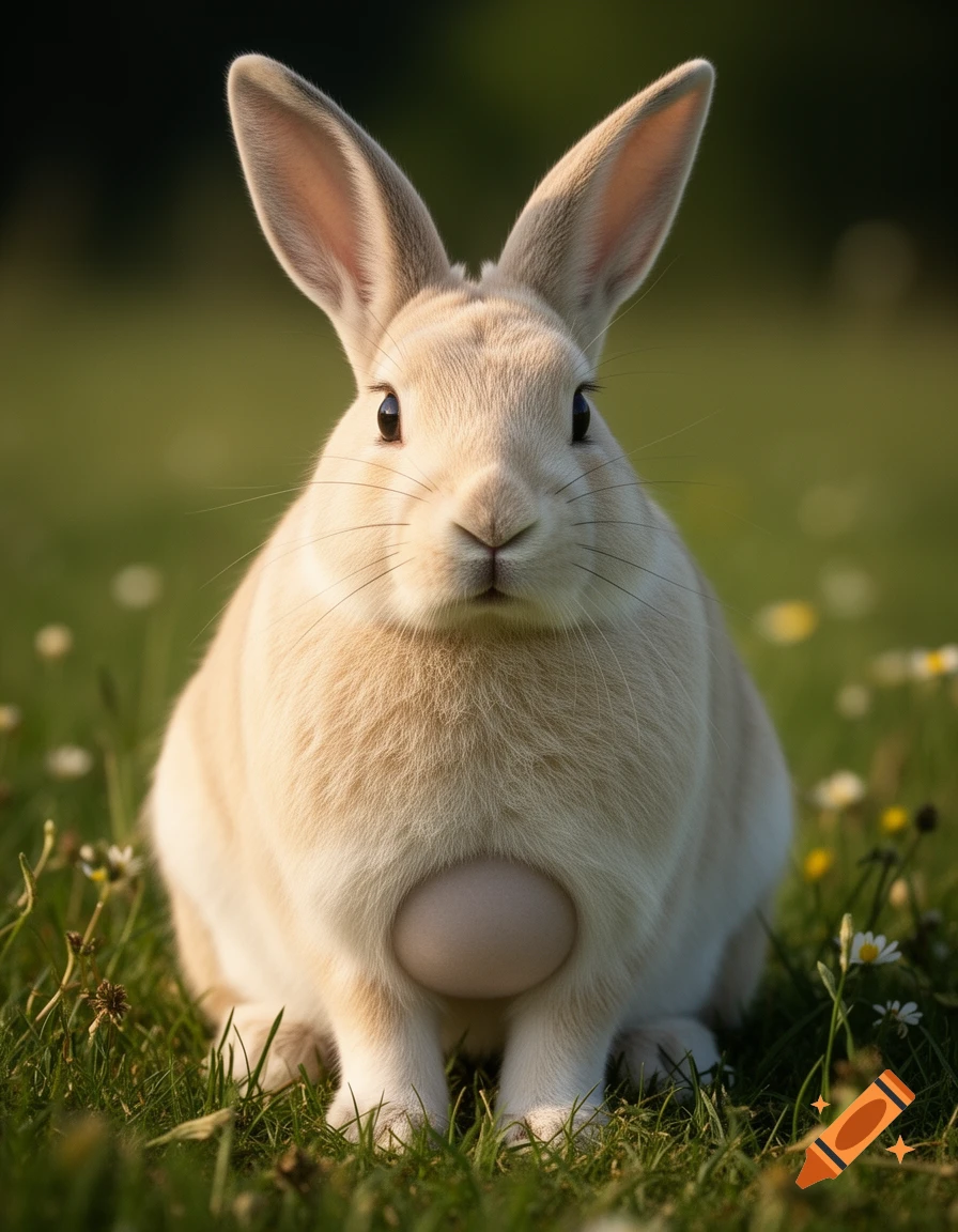 Photorealistic close-up of a cream-colored rabbit sitting in a grassy field with white wildflowers, featuring a protruding egg-like shape on its belly.