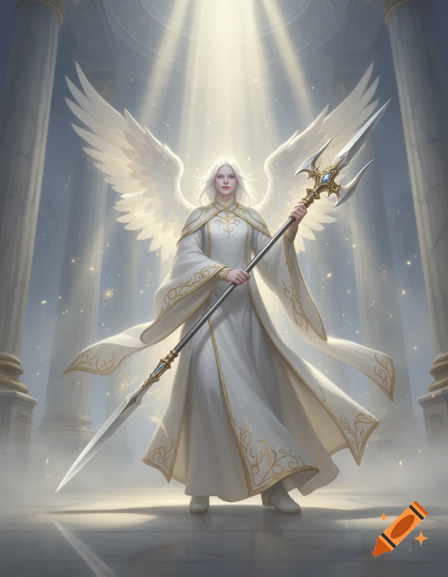 An aasimar angel with white feathered wings, white robes with gold lining, and holding a glaive in a grand hall with pillars.