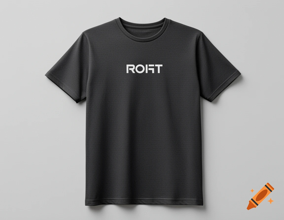Photorealistic dark grey t-shirt with a minimalist white logo on the chest, laid flat on a neutral grey background.