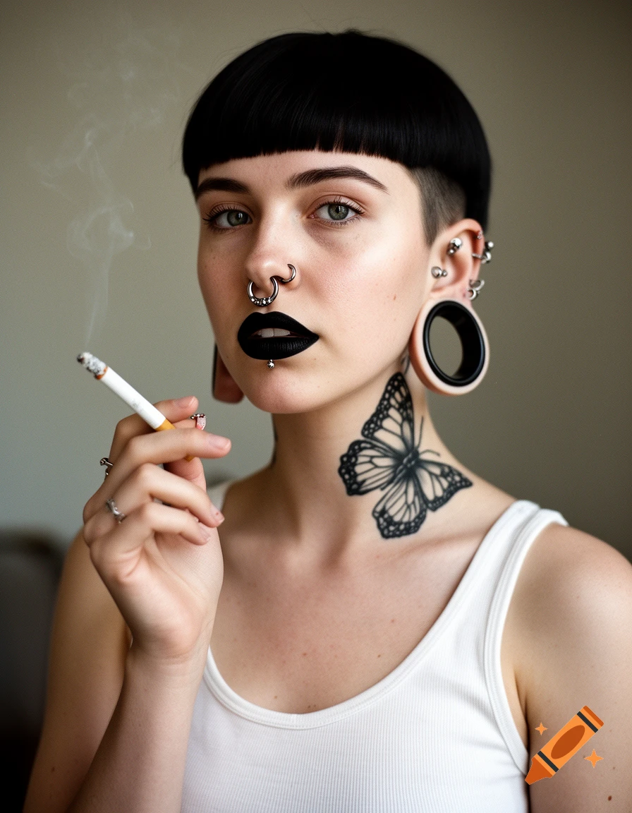 Photorealistic portrait of a young woman with a bowl cut, heavy facial piercings, stretched earlobes, and a butterfly neck tattoo, smoking a cigarette.