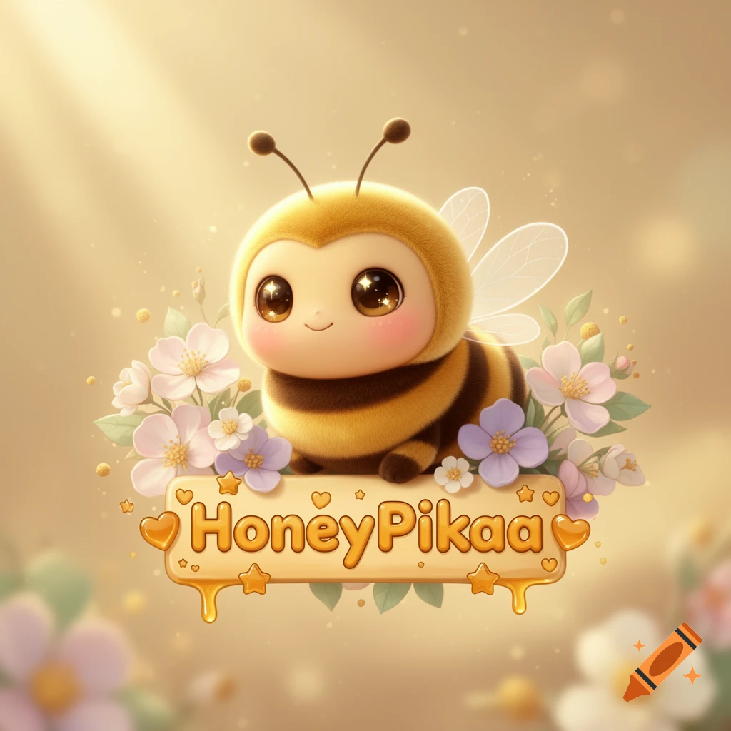 3D digital illustration of an ultra cute fuzzy bee with large shiny eyes surrounded by flowers and a sign reading HoneyPikaa.