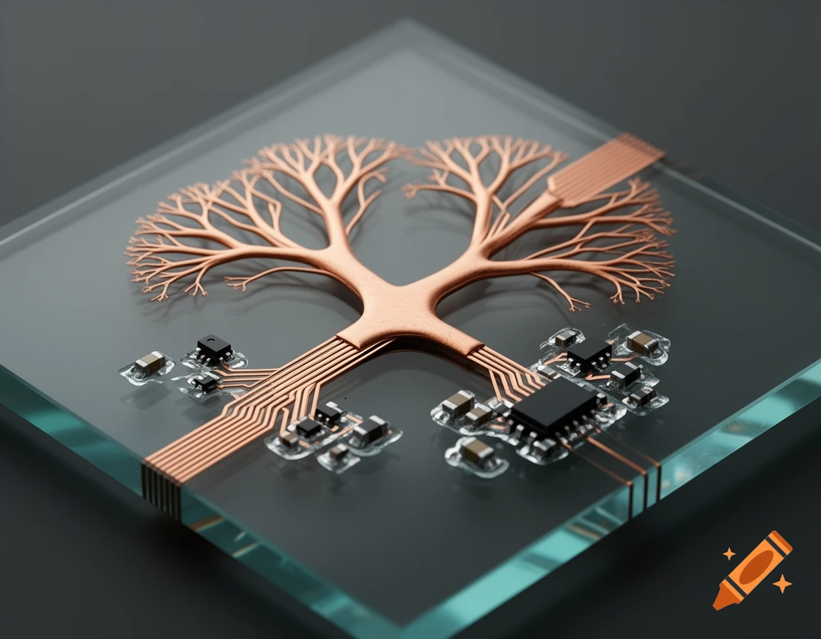 Photorealistic macro 3D rendering of a copper tree-like antenna on a transparent glass substrate with SMT components.