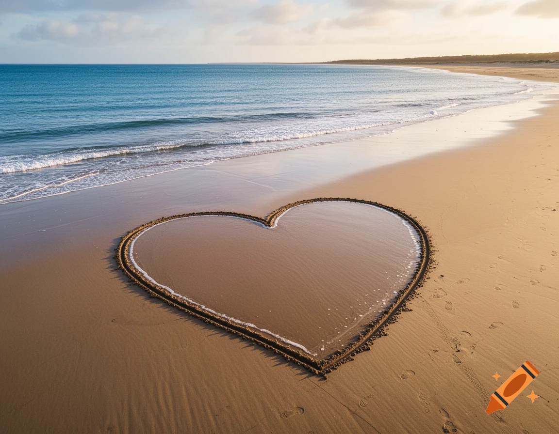Photorealistic image of a large heart drawn in the sand on a scenic beach with ocean waves gently washing ashore.