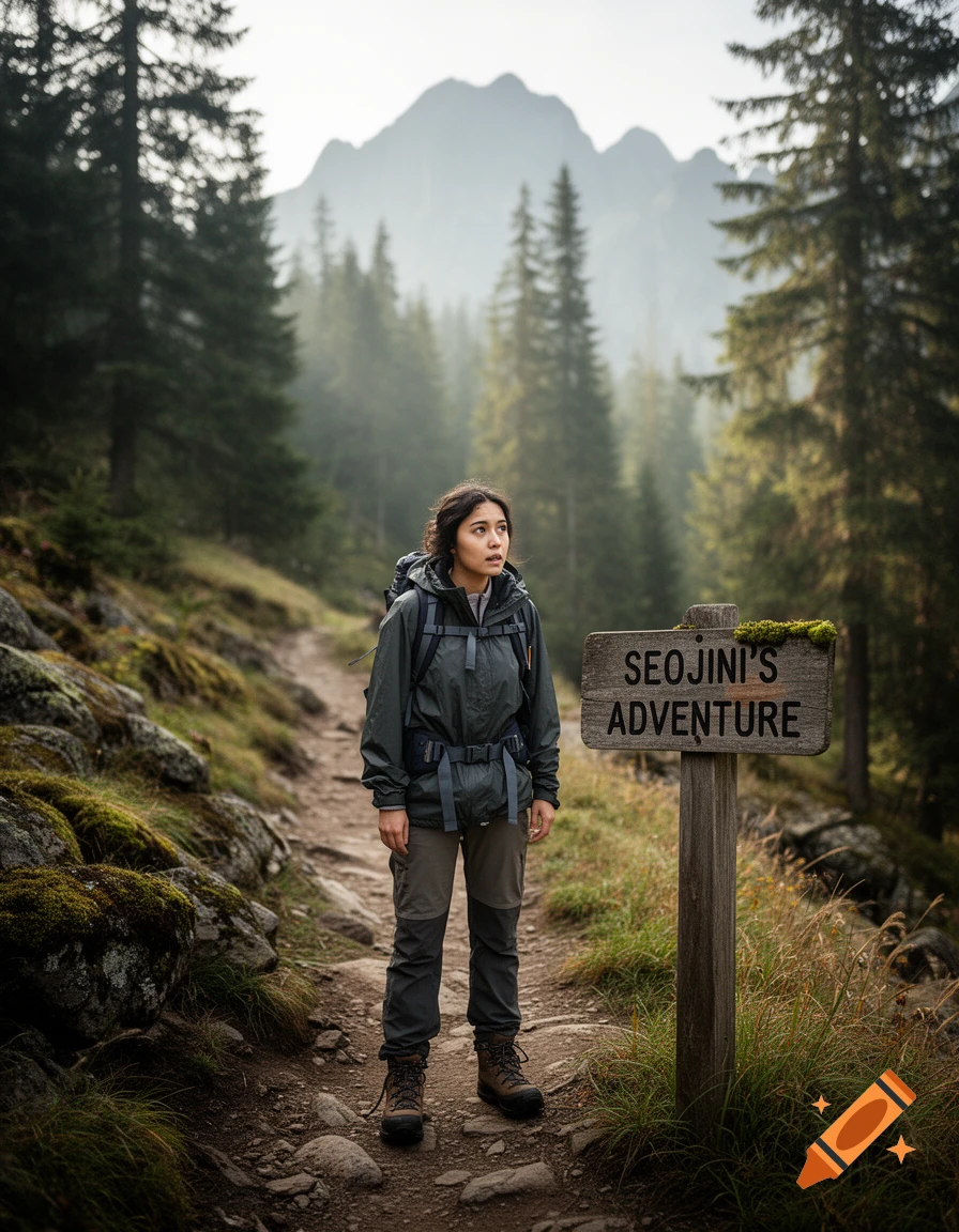 Photorealistic image of a young woman with a backpack standing on a mountain hiking trail next to a wooden sign reading Seojini's Adventure.