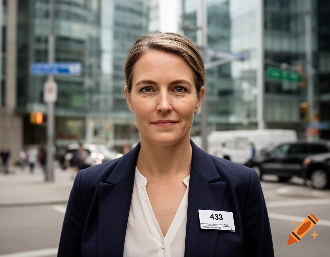 Photorealistic medium shot of a woman with a badge numbered 433 standing on a city street.