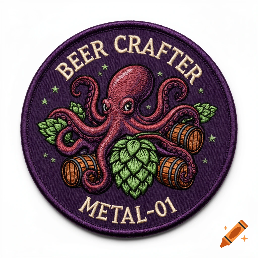 Embroidered purple round patch featuring an octopus holding beer barrels and sitting on hops, with text 'BEER CRAFTER' and 'METAL-01'.