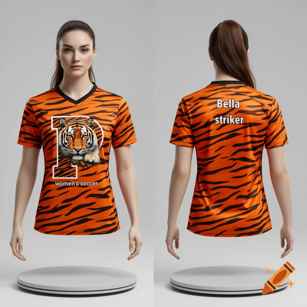 An AI-generated mockup of an orange t-shirt with black tiger stripes, a tiger in a letter P, and 'Bella striker' text on the back.