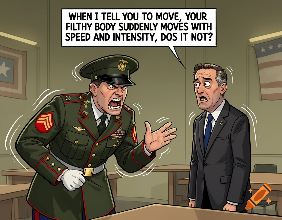 Cartoon of a military drill instructor yelling at a man in a suit with a speech bubble.