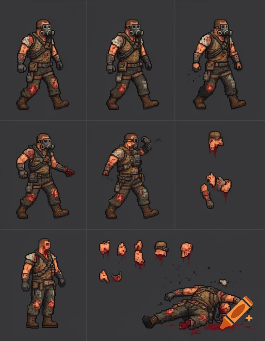 Pixel art sprite sheet showing a post-apocalyptic male character walking, attacking, and dying, with dismembered parts.