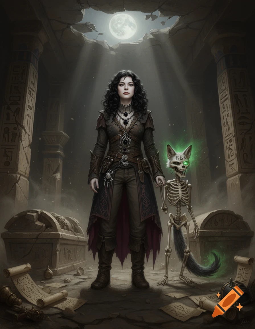 Digital painting of an ancient vampire scholar and her skeletal fox familiar standing in a moonlit ruined tomb.
