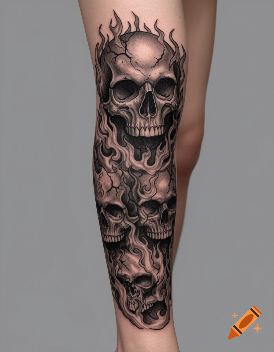 Black and grey realism tattoo of skulls and flames on a person's leg.