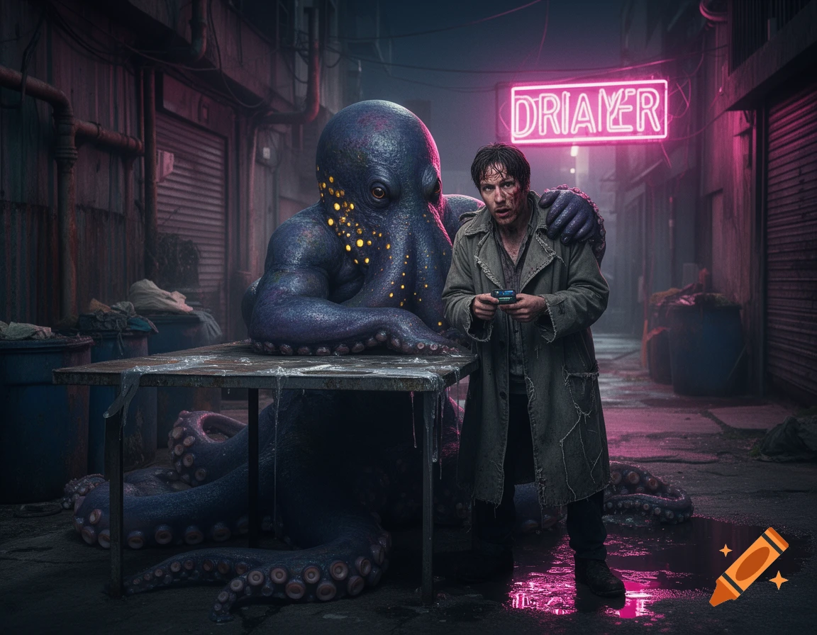 Photorealistic scene of a man in a trench coat and a large octopus-human hybrid standing in a neon-lit alleyway.