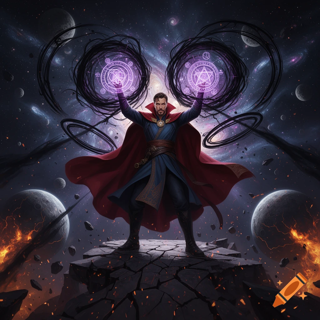 Doctor Strange casting dark magic with glowing purple runes amidst planets and a crumbling platform, digital art style.