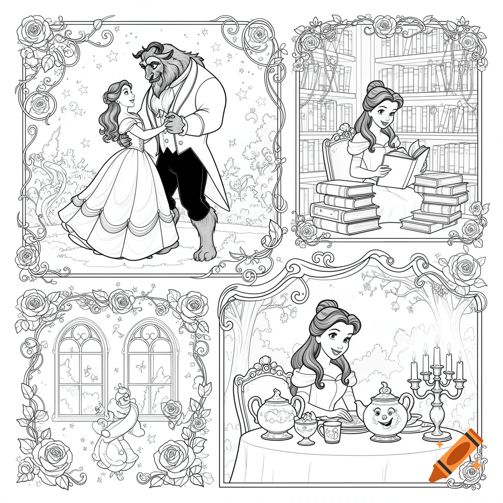 Black and white coloring book page featuring four panels of Beauty and the Beast scenes.
