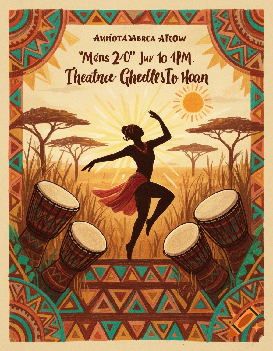 Illustrated African-themed poster with a silhouetted dancer and traditional drums in a warm savannah setting.