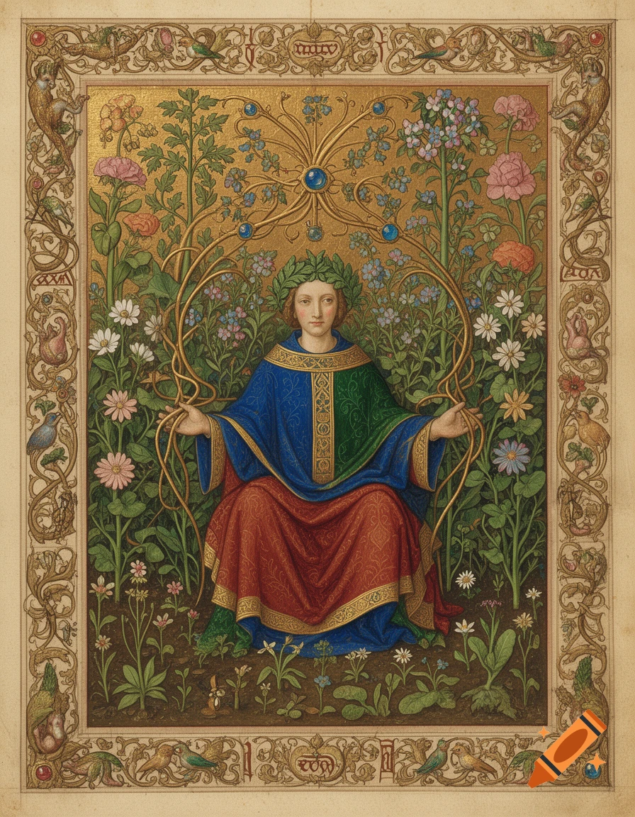 An illuminated manuscript style illustration of a person crowned with leaves sitting among flowers and botanical vines.