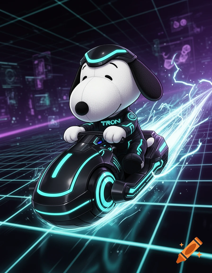 Digital art of a Snoopy plush toy dressed in a Tron suit, riding a glowing Tron light cycle on a digital grid.