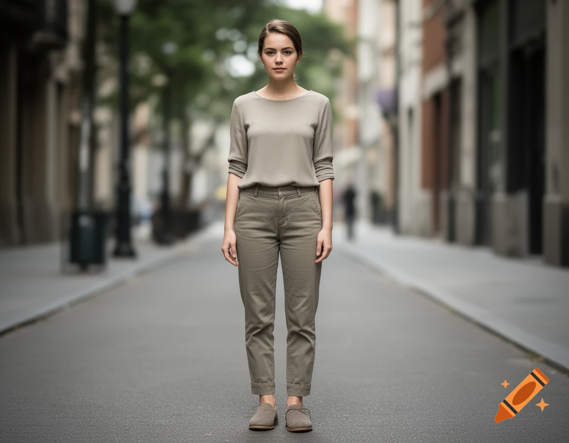 Photorealistic full-body portrait of a young woman standing in the middle of a city street.