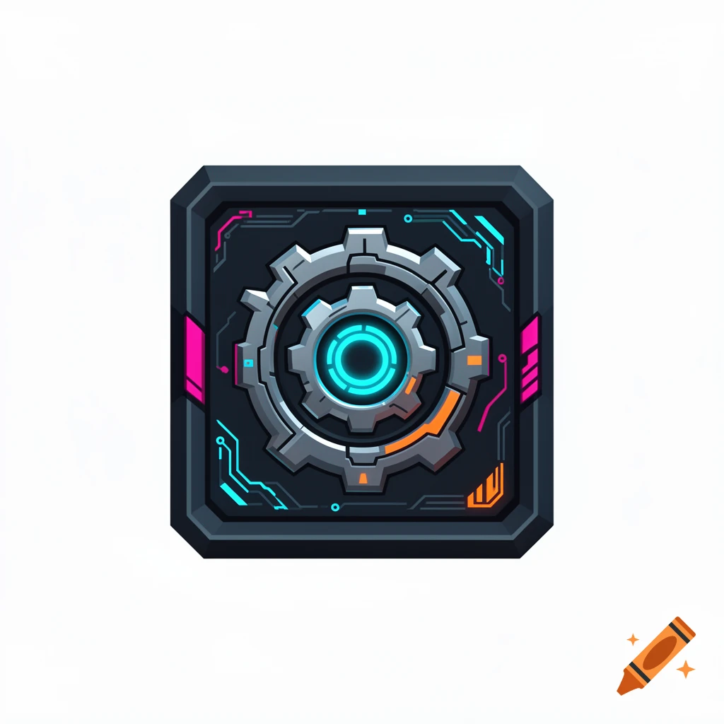 Cyberpunk sci-fi mechanical gear icon button with glowing blue and orange details.
