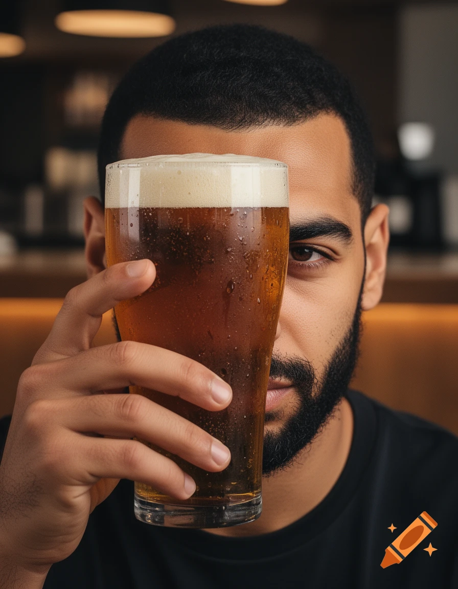 Close-up photorealistic portrait of a man holding a glass of wheat beer in front of his forehead.