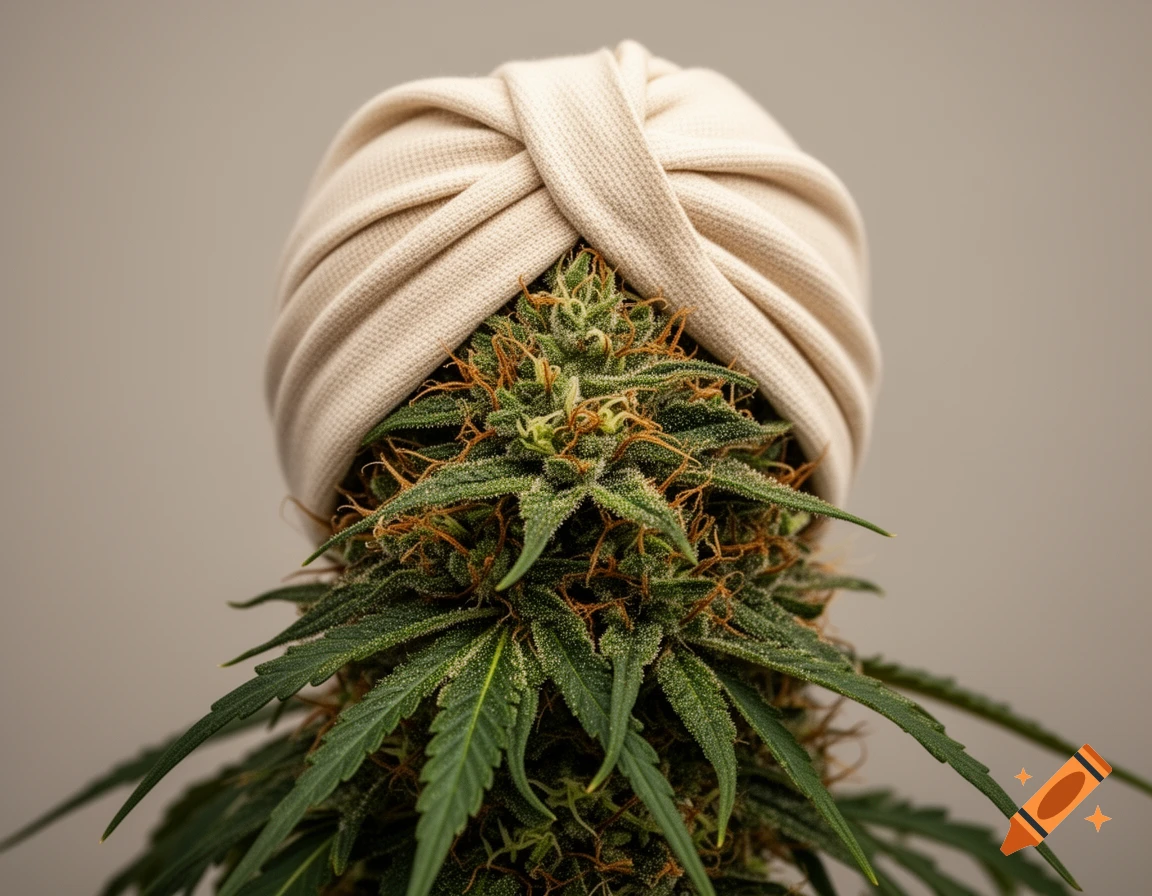 A close-up photograph of a marijuana flower bud wearing a beige fabric turban against a neutral background.