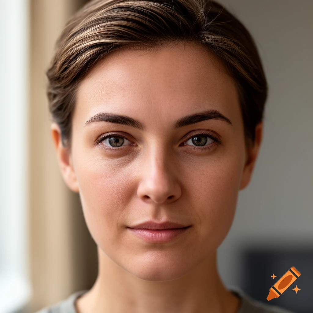 Close-up photorealistic portrait of a woman with short brown hair and green eyes, looking directly at the camera.