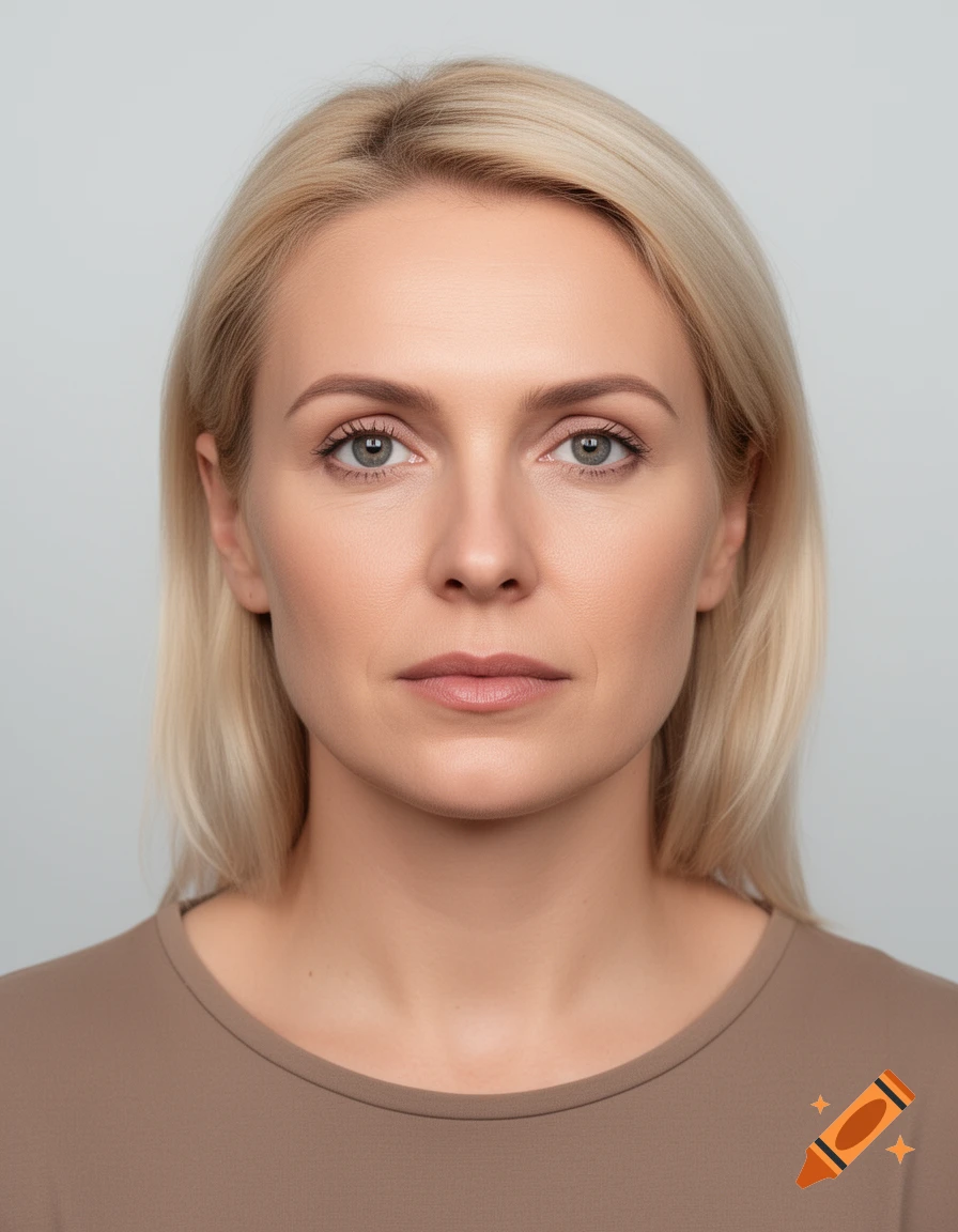 Photorealistic ID portrait of a blonde Eastern European woman in her twenties against a neutral gray background.