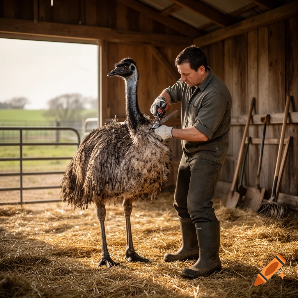 Photorealistic image of a farmer shearing an emu with shears inside a wooden barn on a bed of straw.