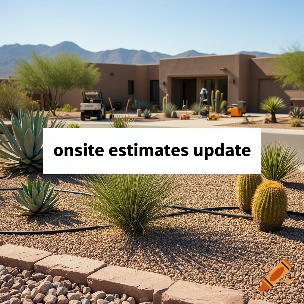 Photorealistic desert landscape with a modern house, agave plants, cacti, and a white sign reading onsite estimates update.