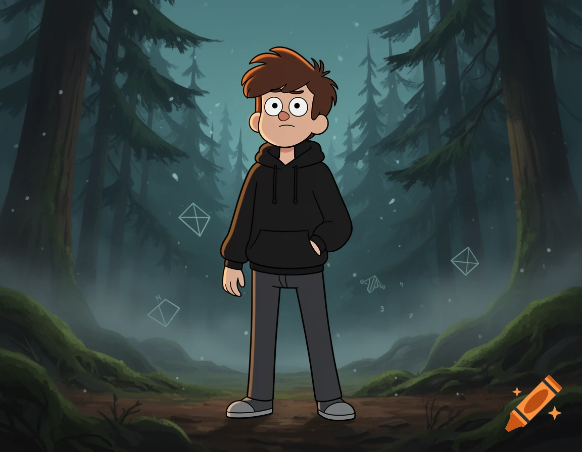 Animated character with brown hair and black hoodie standing in a misty forest, Gravity Falls style illustration.