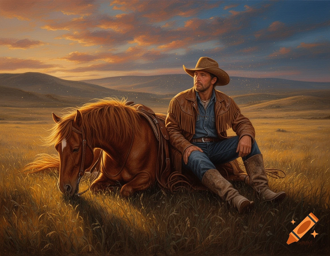 Oil painting of a cowboy in a leather jacket sitting in a grassy field next to his resting horse at sunset.