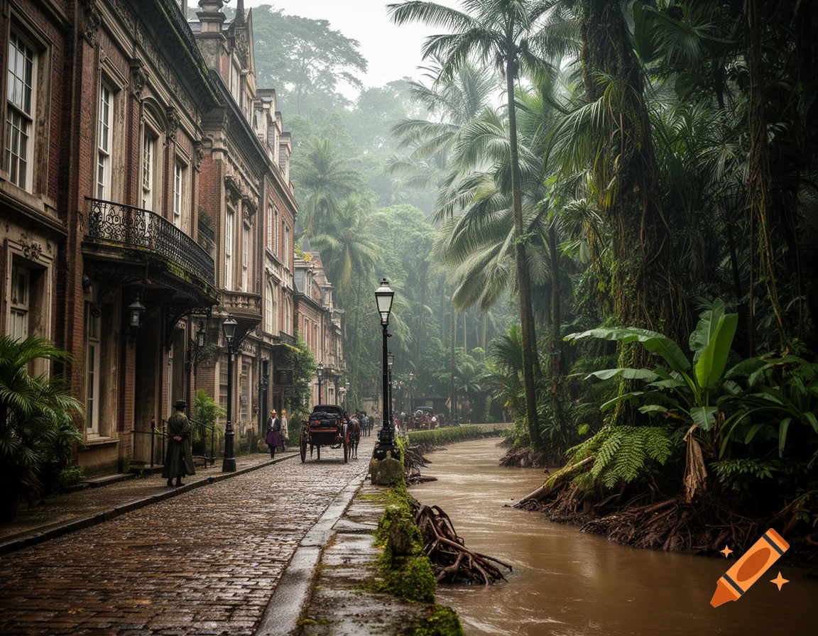 Victorian brick buildings alongside a muddy jungle river with dense tropical foliage and mist, photorealistic style.