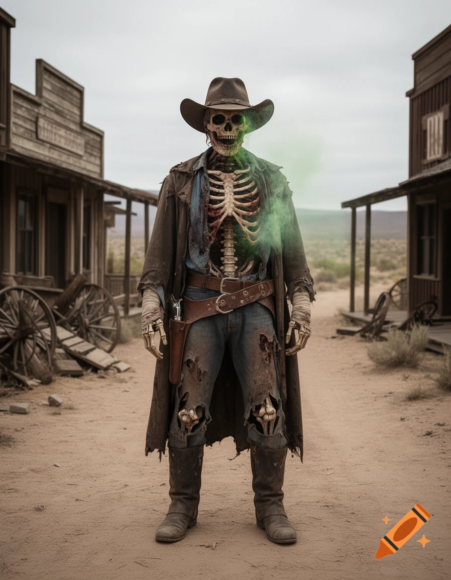 Photorealistic shot of a plague zombie skeleton cowboy standing in a dusty western ghost town street.
