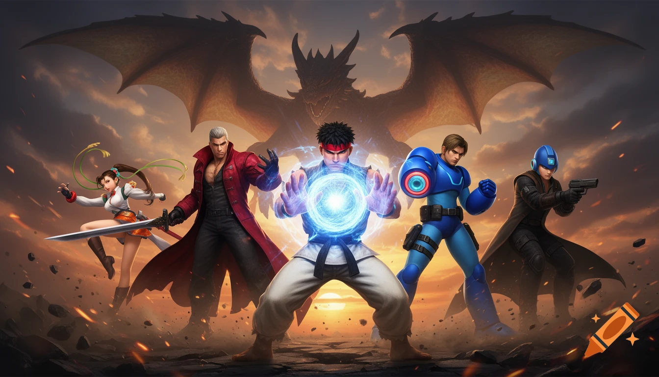 Digital fanart of Capcom video game characters Ryu, Mega Man, Chun-Li, Dante, and Leon S. Kennedy with a dragon in the background.