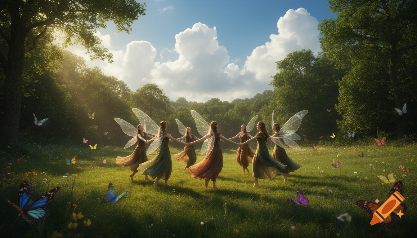 Photorealistic cinematic shot of ethereal elves with delicate wings dancing in a circle on a green meadow surrounded by butterflies.