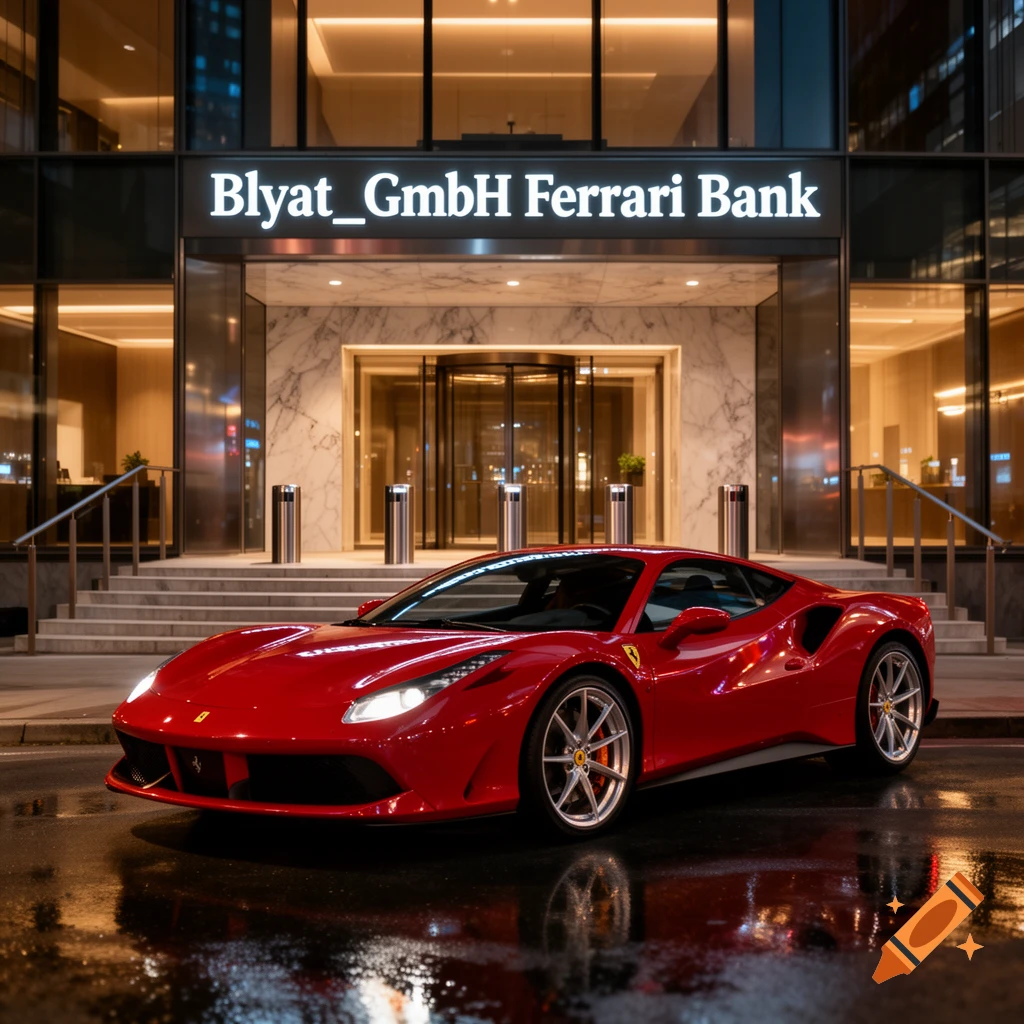 Photorealistic red Ferrari parked in front of a modern bank building at night with wet reflective pavement.