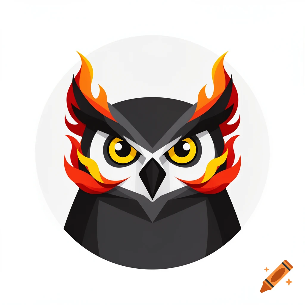 Modern vector illustration of a black owl's face with yellow eyes and red and yellow flames around the ears, on a white background.