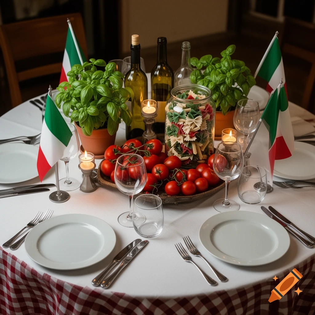 Photorealistic round table set for an Italian dinner with red-and-white checkered tablecloth, Italian flags, basil, tomatoes, and pasta.
