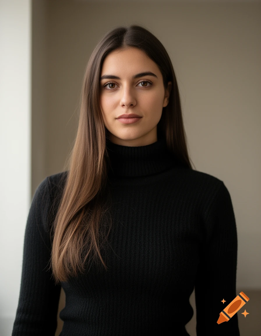 Photorealistic portrait of a young woman with long brown hair and brown eyes wearing a black turtleneck.