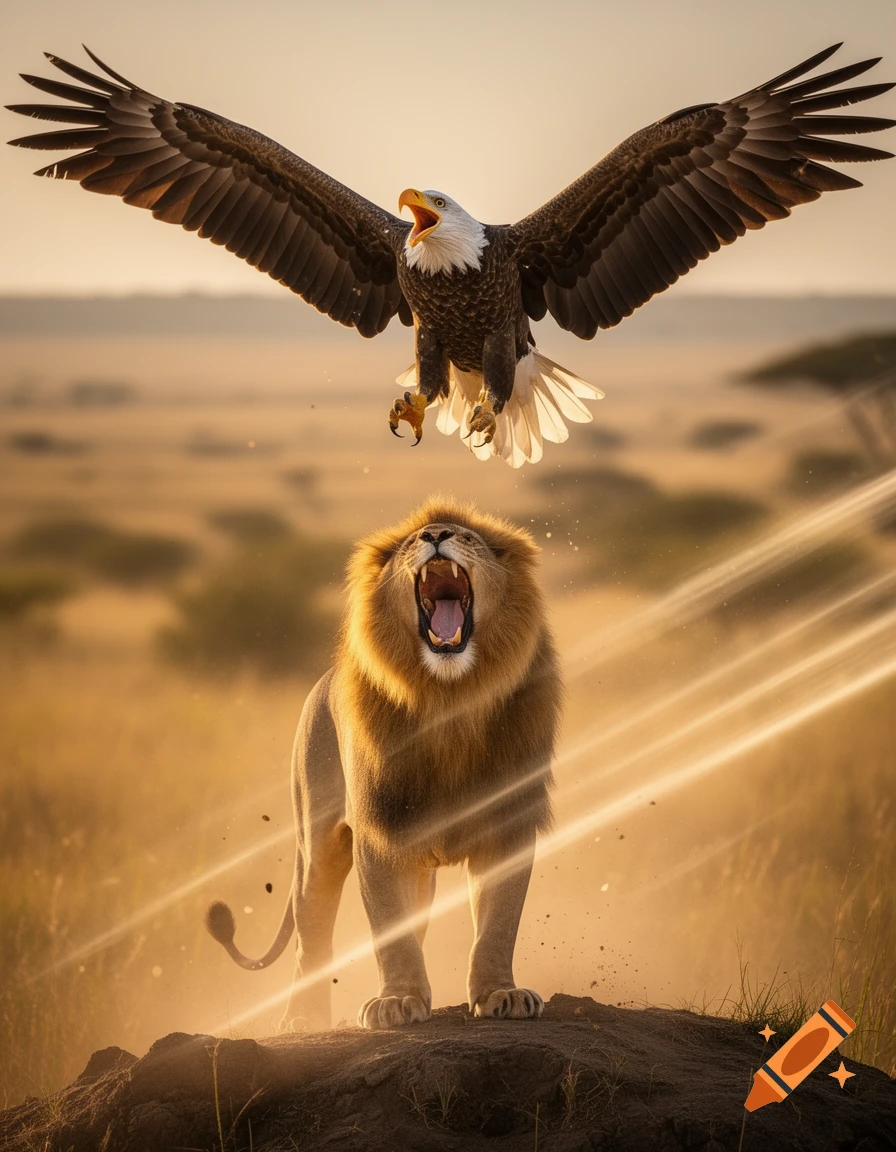 Photorealistic image of a roaring lion standing on a rocky outcrop beneath an eagle with wings spread wide in a savannah setting.