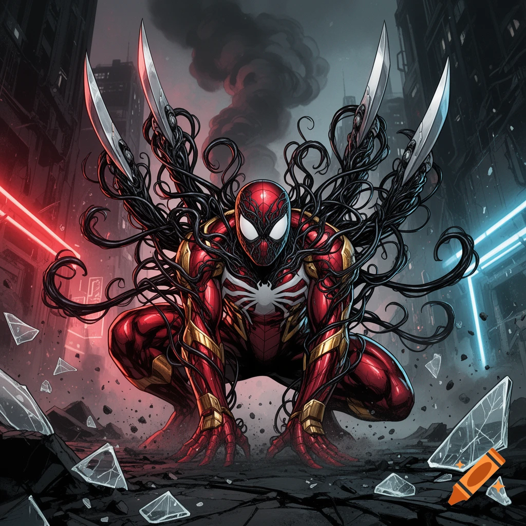 Comic book style illustration of Spider-Man in a red and gold suit with black symbiote tentacles and blades crouching in a city alley.