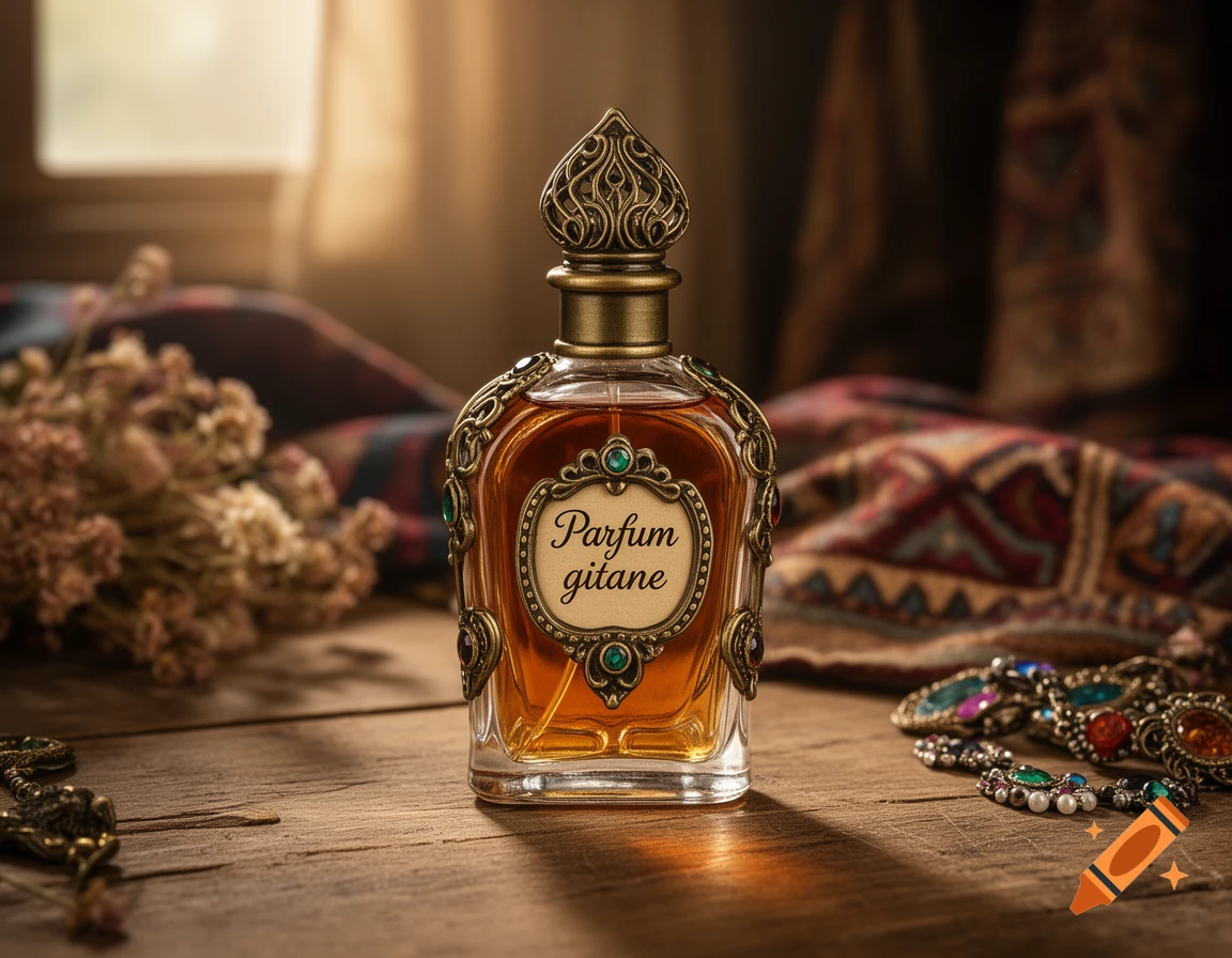 An ornate glass perfume bottle with metallic filigree and label reading 'Parfum gitane' on a wooden table.