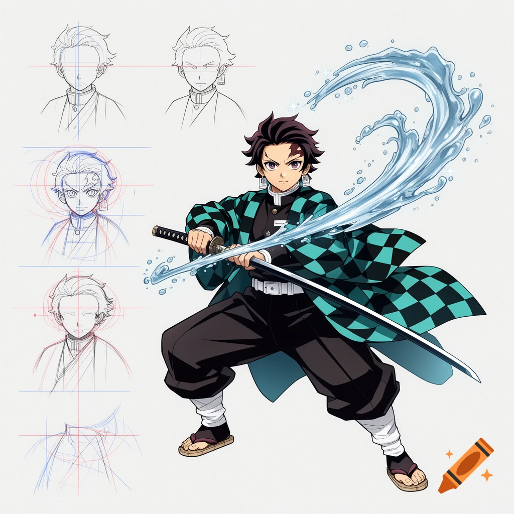 Anime style illustration of a swordsman with water splash effects, featuring character design sketches on the left.