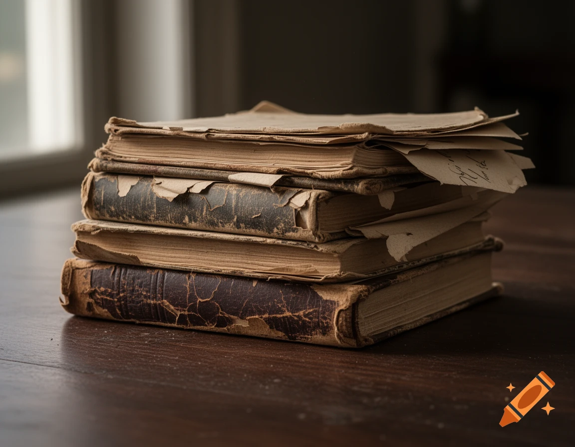 A stack of old, worn, and torn books on a dark wooden table in a dimly lit room.