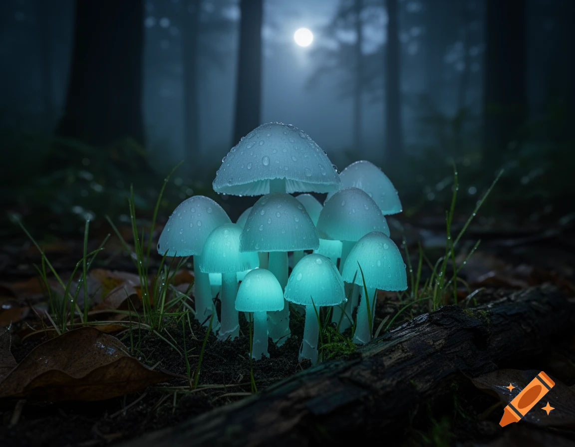 Photorealistic image of glowing mushrooms in a dark, foggy forest at night under a full moon.
