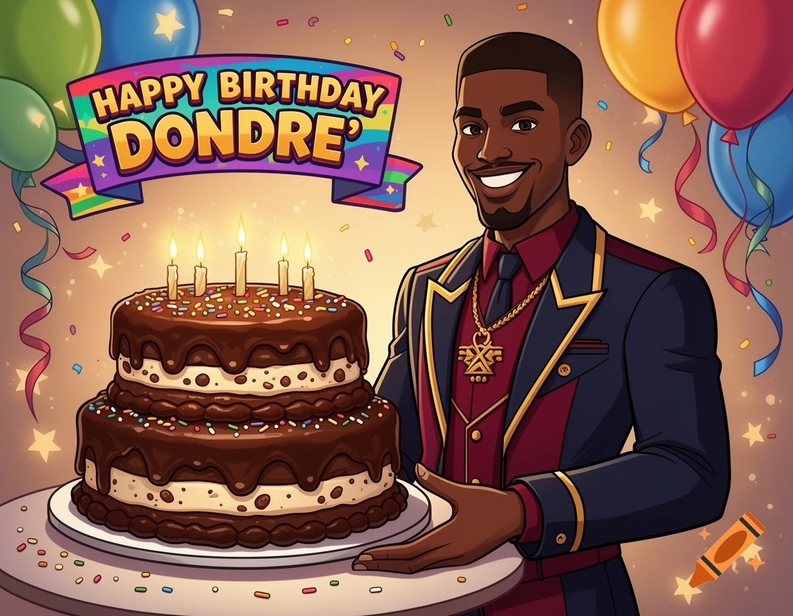 Cartoon illustration of a smiling Black man in a dark suit holding a large chocolate birthday cake with candles under a banner reading Happy Birthday Dondre.