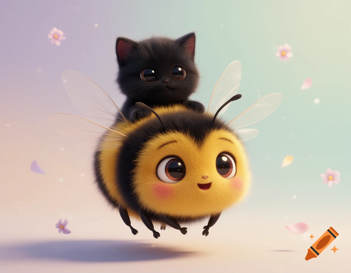 A 3D Pixar-style render of a fluffy yellow and black bumblebee with a tiny black kitten riding on its back against a pastel background.