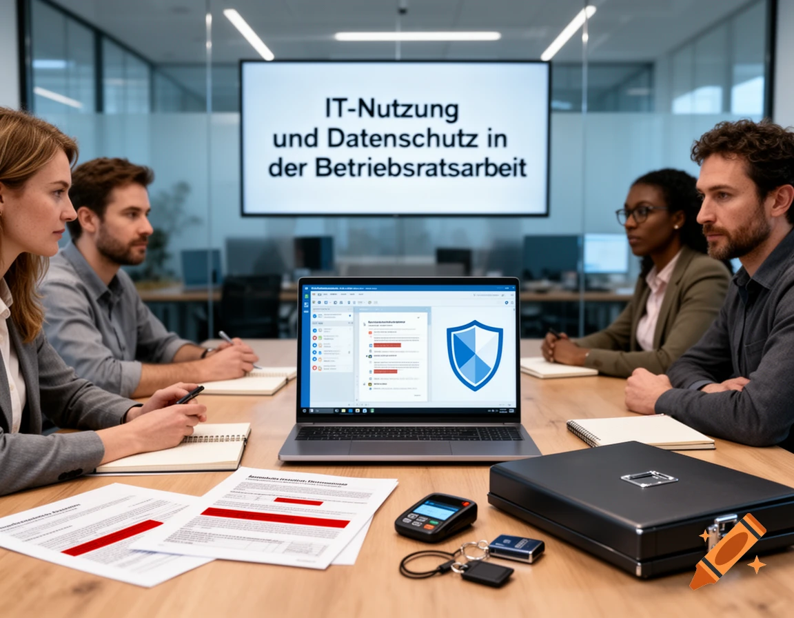 Photorealistic image of a business meeting in a modern office with four diverse professionals around a table looking at a laptop and screen showing German text.